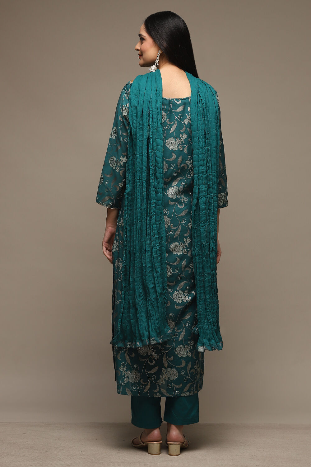 Peacock Green Cotton Blend Straight Kurta Pants Suit Set image number 4