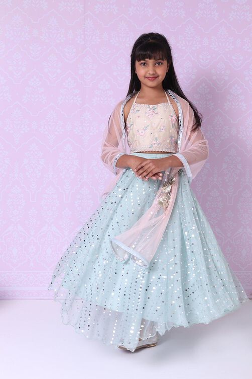 Cream And Turquoise Straight Poly Cotton Girls Lehenga Set image number 4