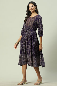 Purple Rayon Flared Printed Kurta Dress image number 0