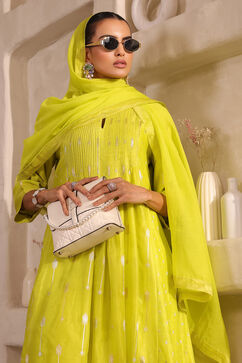 Lime Green Silk Gathered Yarndyed Suit Set image number 0