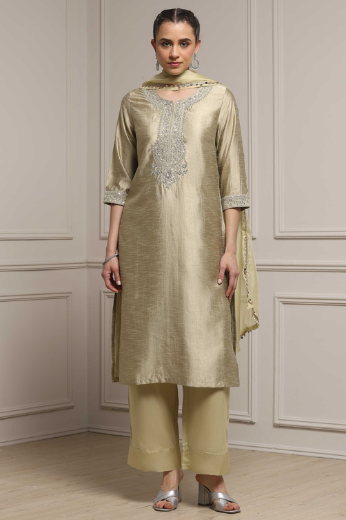 Light Green Art Silk Embroidered Straight Suit Set image number 6