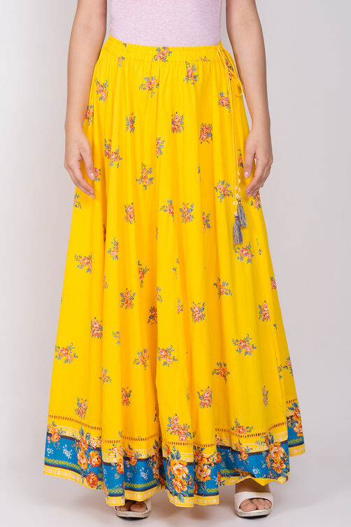 Yellow Cotton Floral Print Skirt image number 1