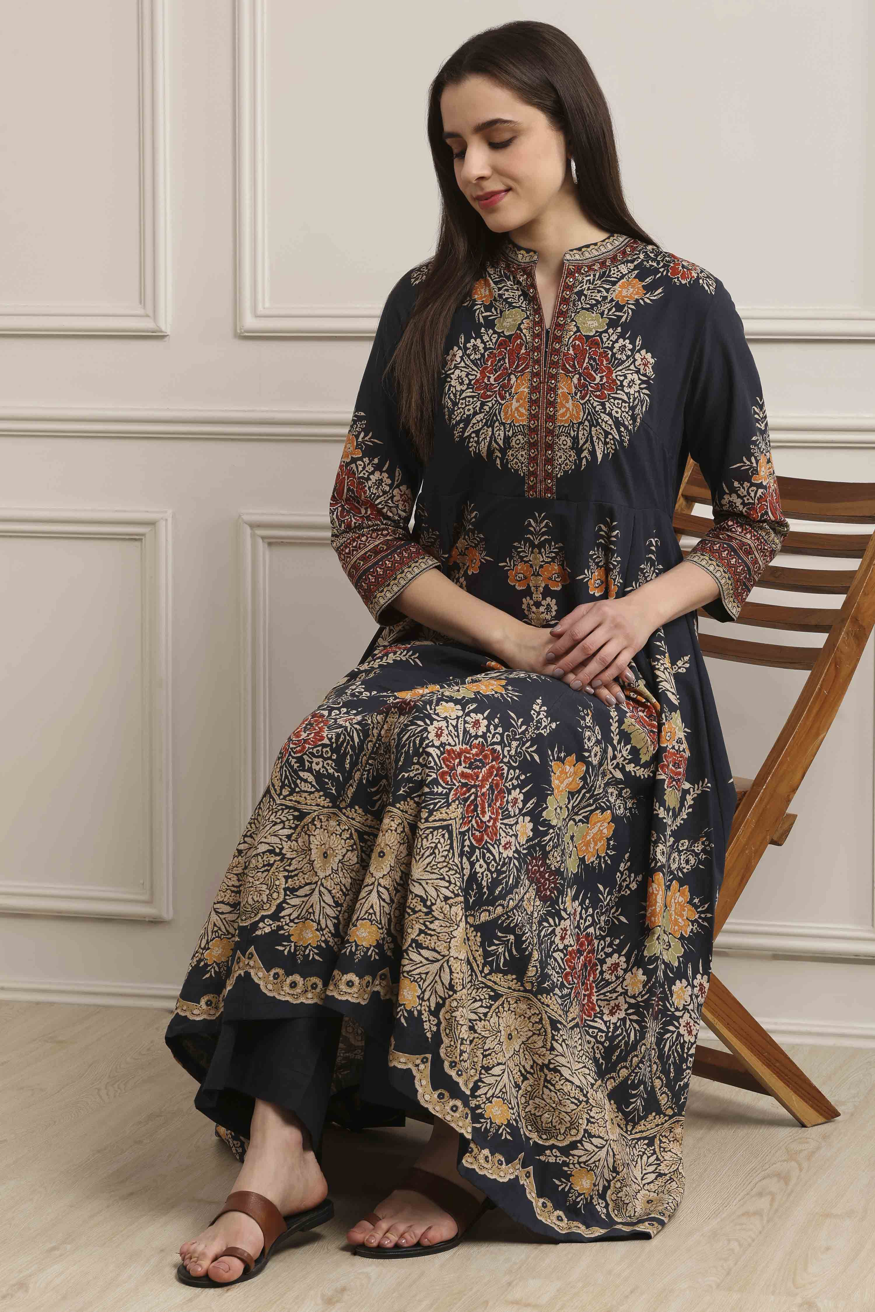 Charcoal Cotton Kalidar Printed Kurta Pants Set image number 6