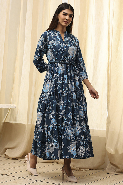 Earthy Blue Cotton Floral Tiered Dress image number 3
