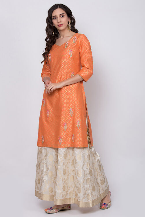Orange Poly Cotton Kurta Sharara Suit Set image number 2