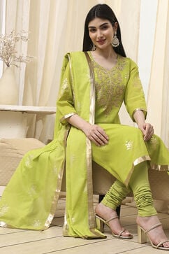 Mehandi Green Poly Chanderi Fitted Suit Set image number 6