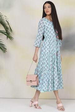 Turquoise Cotton Double Layered Dress image number 7