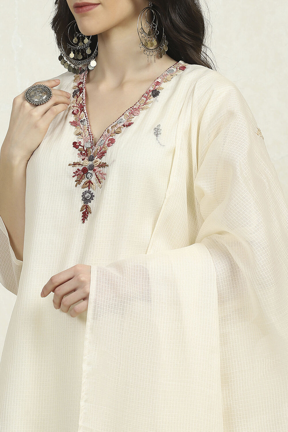 Off White Cotton Hand Embroidered Unstitched Suit Set image number 2