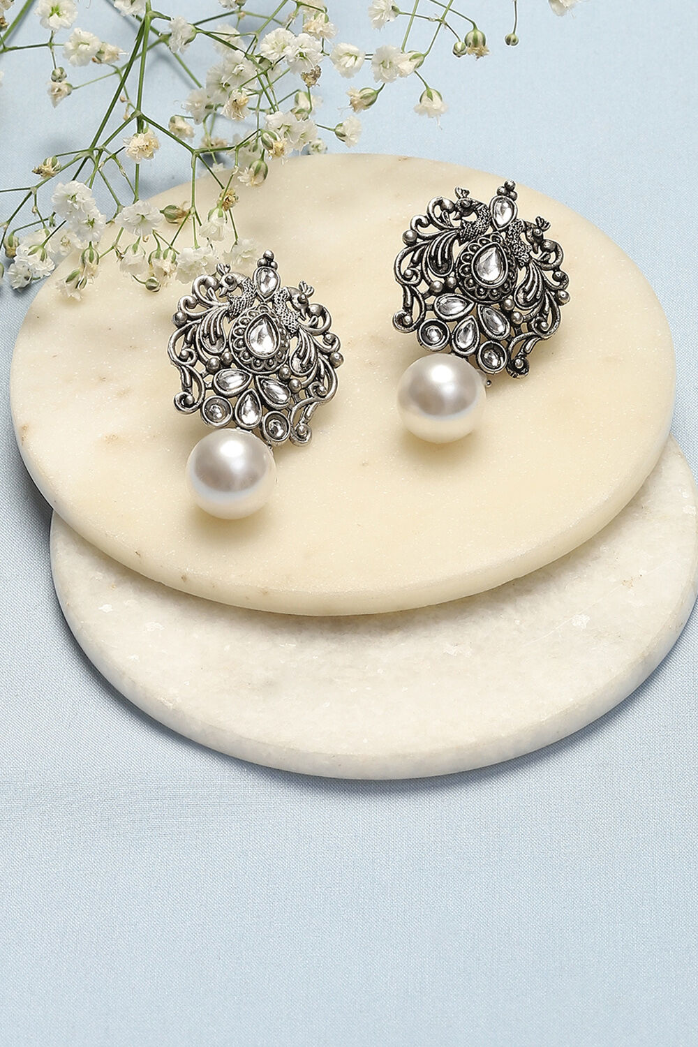 Oxidised Pearl Brass Earrings image number 0