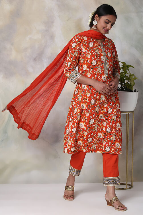 Saffron Cotton Straight Kurta Palazzo Suit Set image number 6
