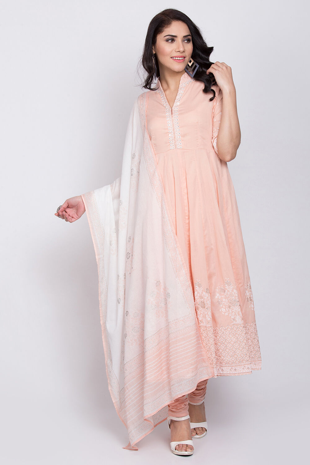 Peach Cotton Anarkali Suit Set Combines Kurta Churidar and Dupatta