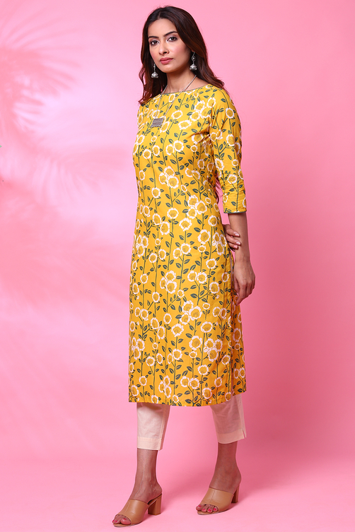 Black Cotton Straight Printed Kurta image number 0