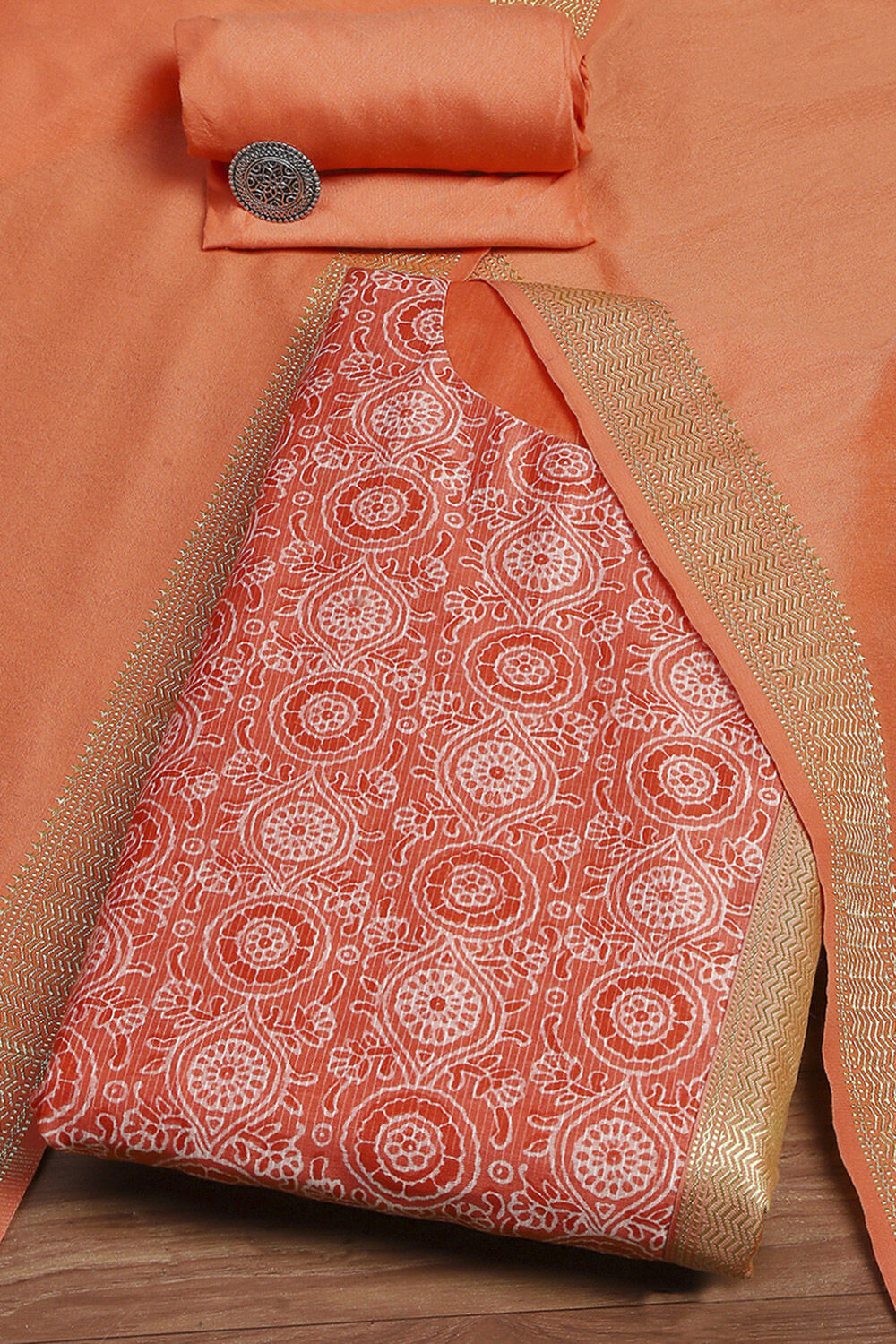 Orange Cotton Printed Embroidered Unstitched Suit Set image number 0