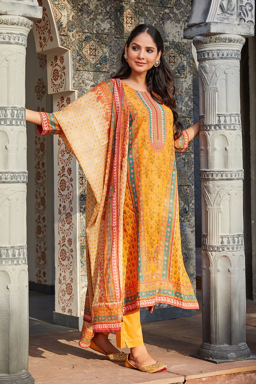 Mustard Cotton Straight Kurta Slim Pant Suit Set
