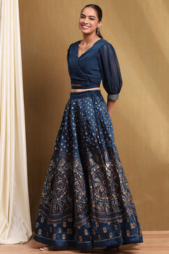 Blue Printed Fusion Lehenga Set image number 3