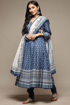 Indigo Cotton Anarkali Kurta Churidar Suit Set image number 6