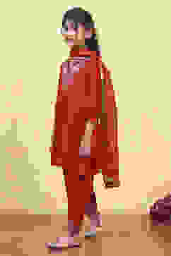 Red Viscose Rayon Solid A-Line Suit Set image number 3