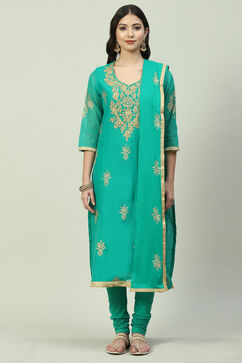 Turquoise Art Silk Straight Kurta Churidar Suit Set image number 8