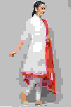 White Cotton Asymmetric Anarkali & Churidar Suit Set image number 6