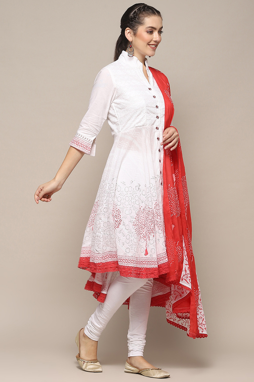 White Cotton Asymmetric Anarkali & Churidar Suit Set image number 6