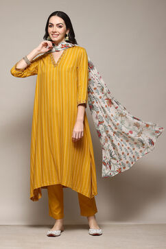 Yellow Rayon Asymmetric Yarndyed Kurta Slim Pant Suit Set image number 7