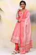 White And Pink Cotton Anarkali Kurta Churidar Suit Set image number 7