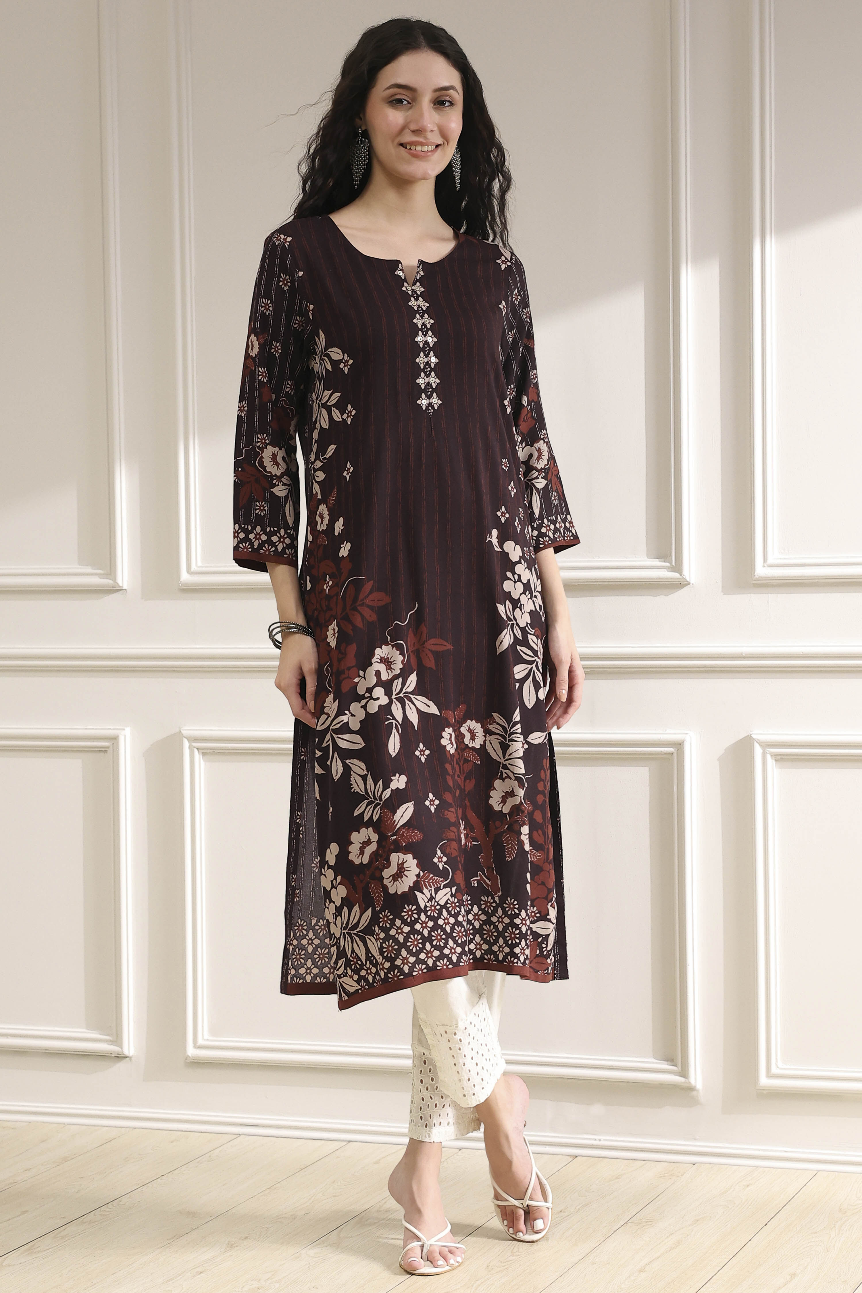 Berry Maroon Printed Straight Kurta image number 0