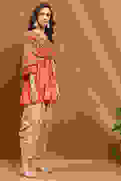 Peach-Toned and Beige Embroidered Peplum Kurta Set image number 5