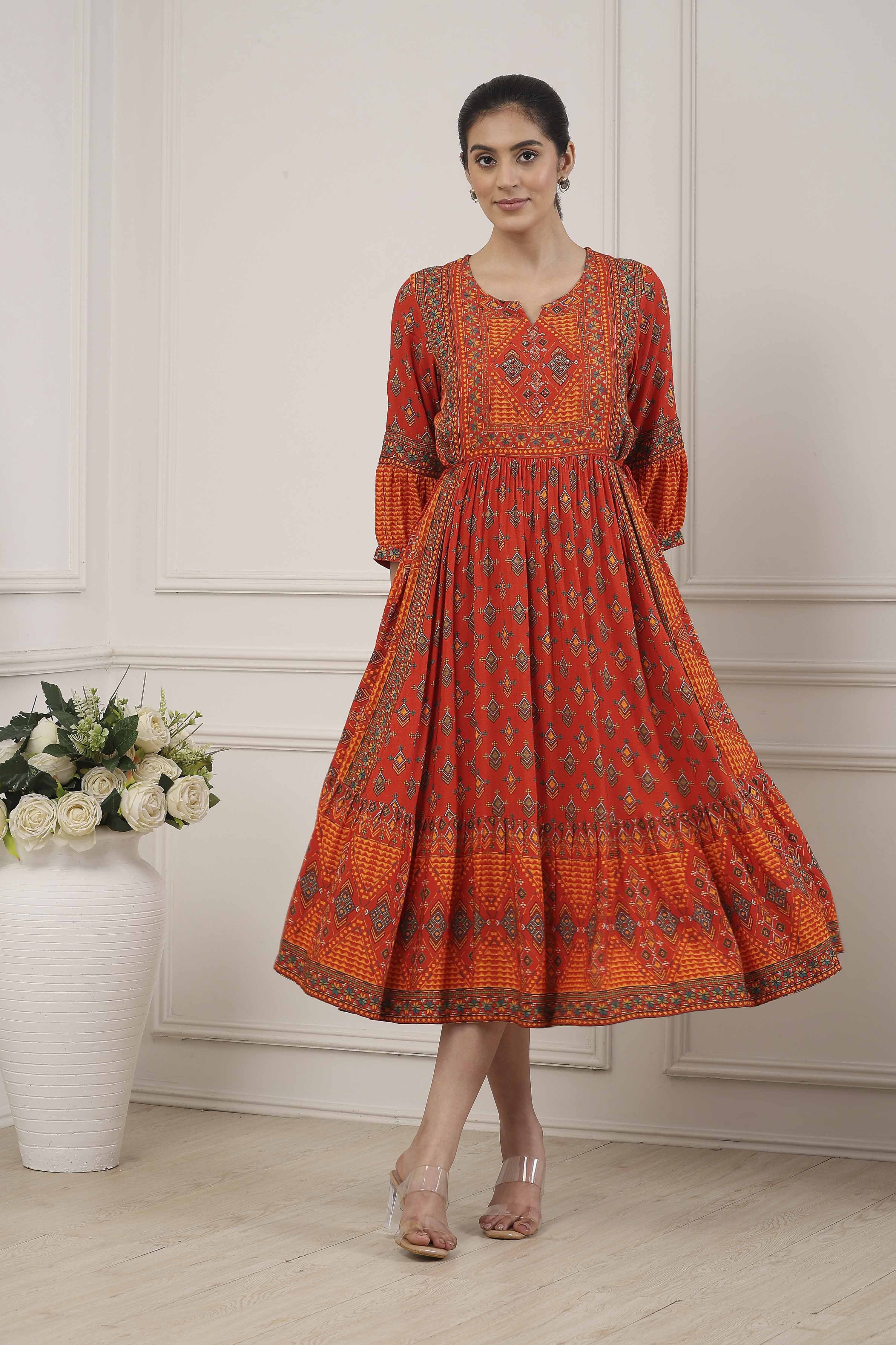 Rust Viscose Rayon Anarkali Dress image number 5