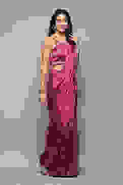 Plum Pre-Draped Saree & A Stitched Blouse With Floral Prints image number 5