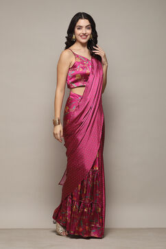 PlumPolyester Pre-draped Saree & A Stitched Blouse With Floral Prints image number 5