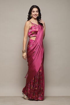 PlumPolyester Pre-draped Saree & A Stitched Blouse With Floral Prints image number 5