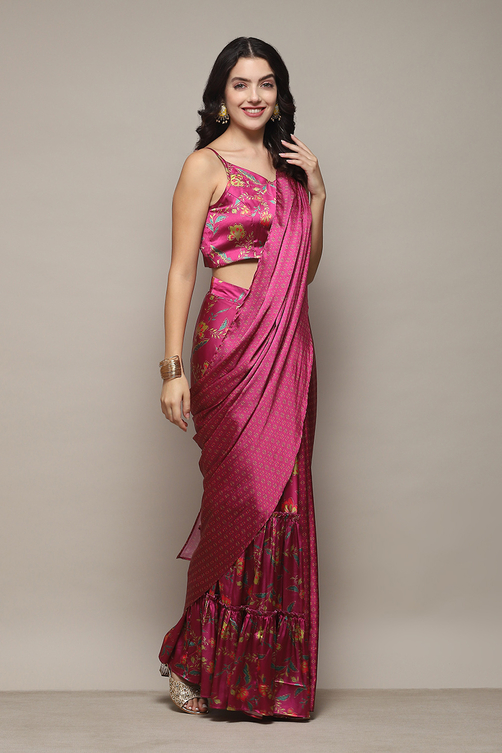 Plum Pre-Draped Saree & A Stitched Blouse With Floral Prints image number 5