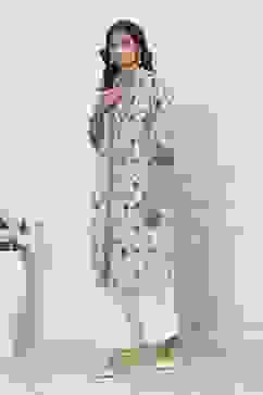 White and Blue Cotton Printed Pleated Straight Kurta image number 2