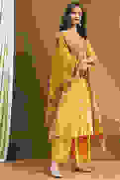 Mustard Yellow Cotton Printed Flared Festive Suit Set image number 5