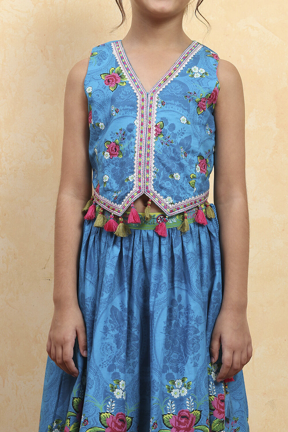 Blue Cotton Printed Straight Lehenga Set image number 1