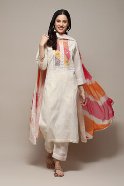 Off White Cotton Schiffly Unstitched Suit Set image number 1