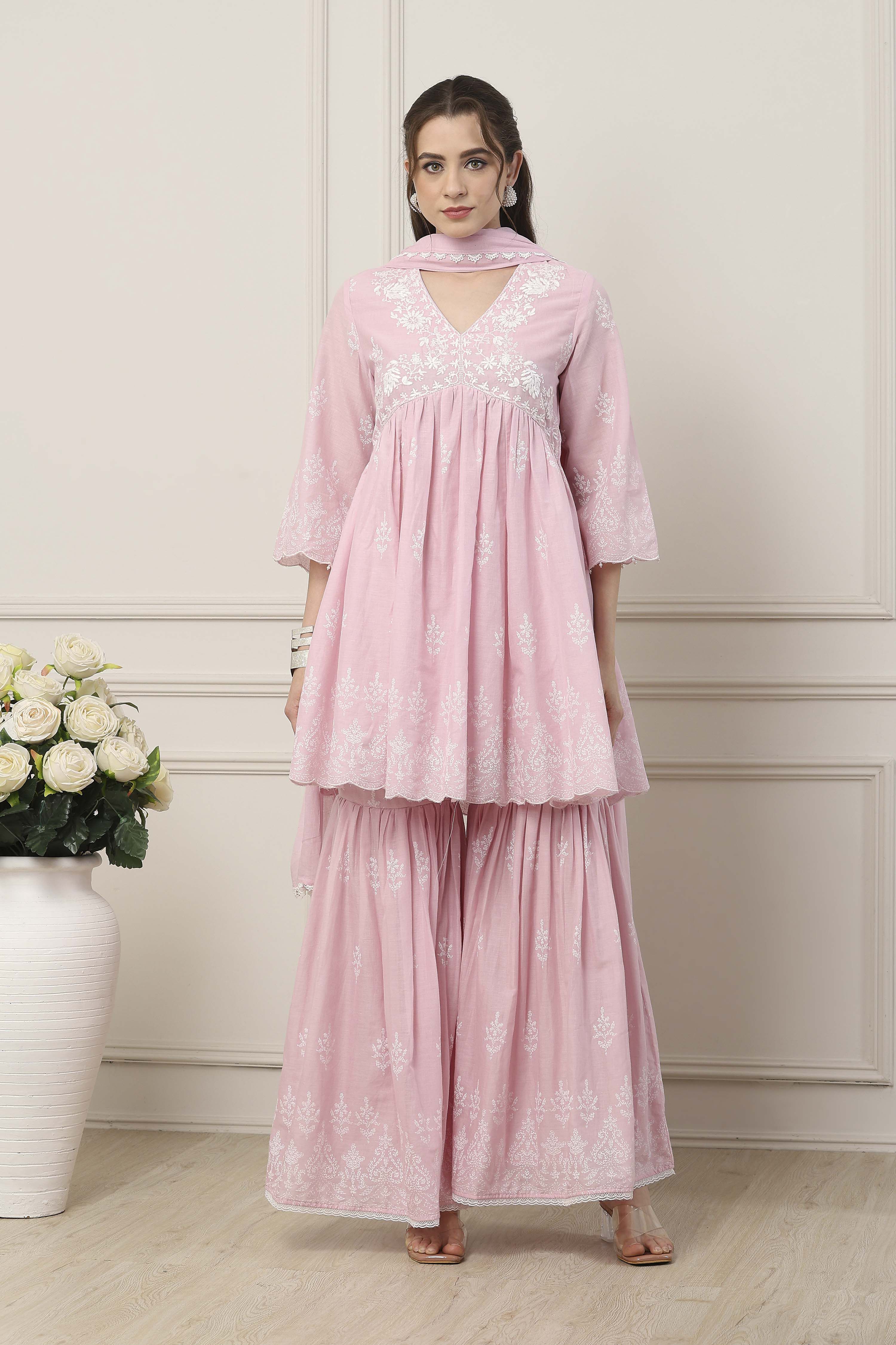 Pink Cotton Gathered Suit Set image number 6