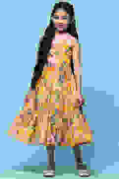 Yellow Printed Strappy Cotton Tiered Dress image number 0