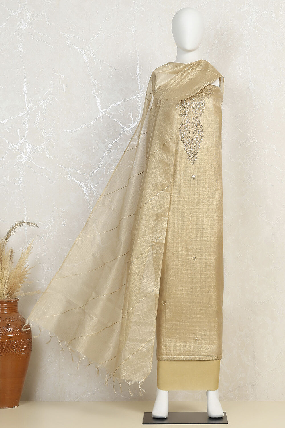 Beige Tissue Embroidered Unstitched Suit Set image number 4