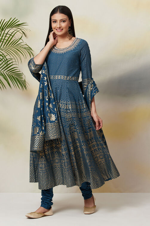 Lime Green Cotton Anarkali Kurta Churidar Suit Set image number 5