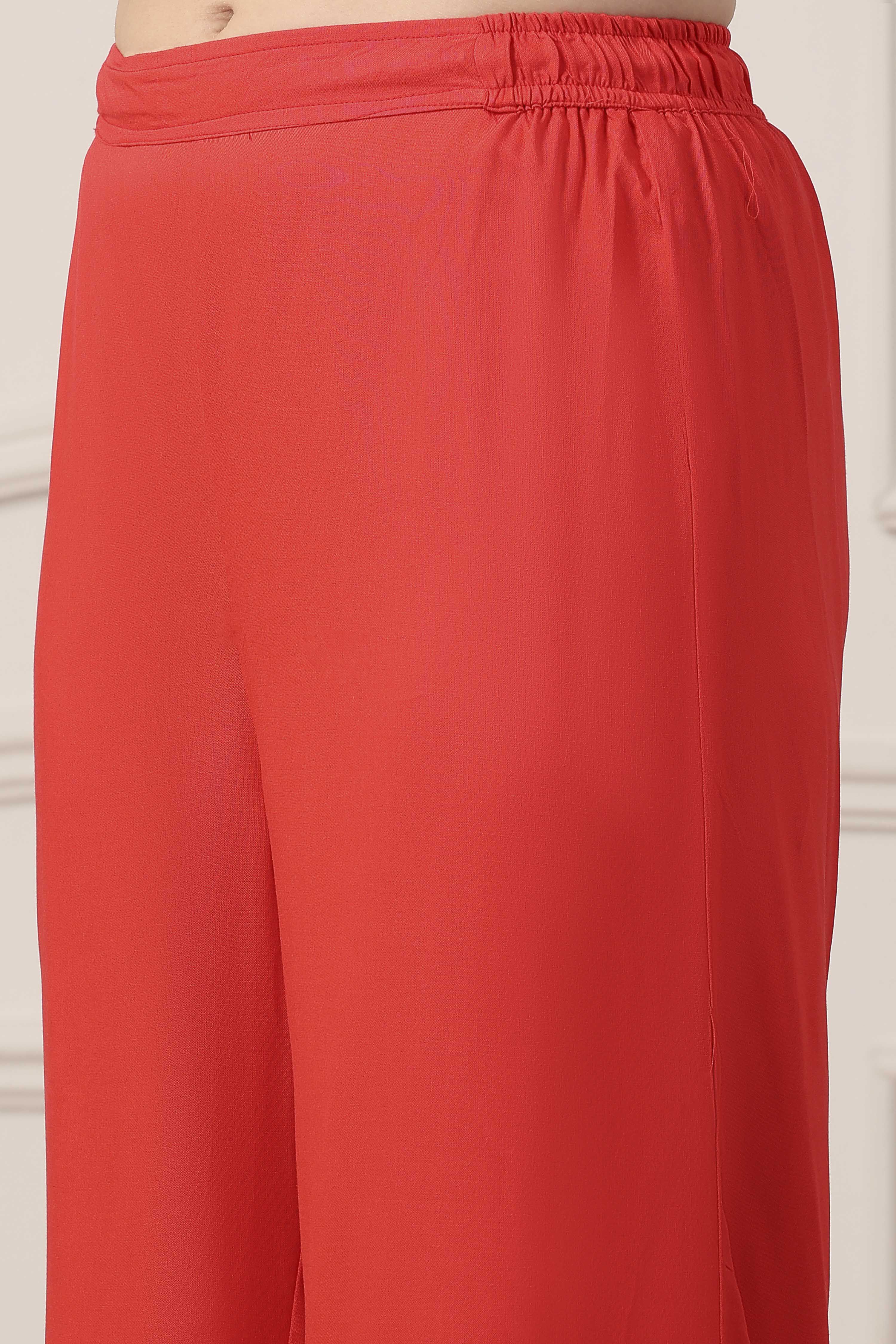 Red Floral Lace Work Straight Suit Set image number 2