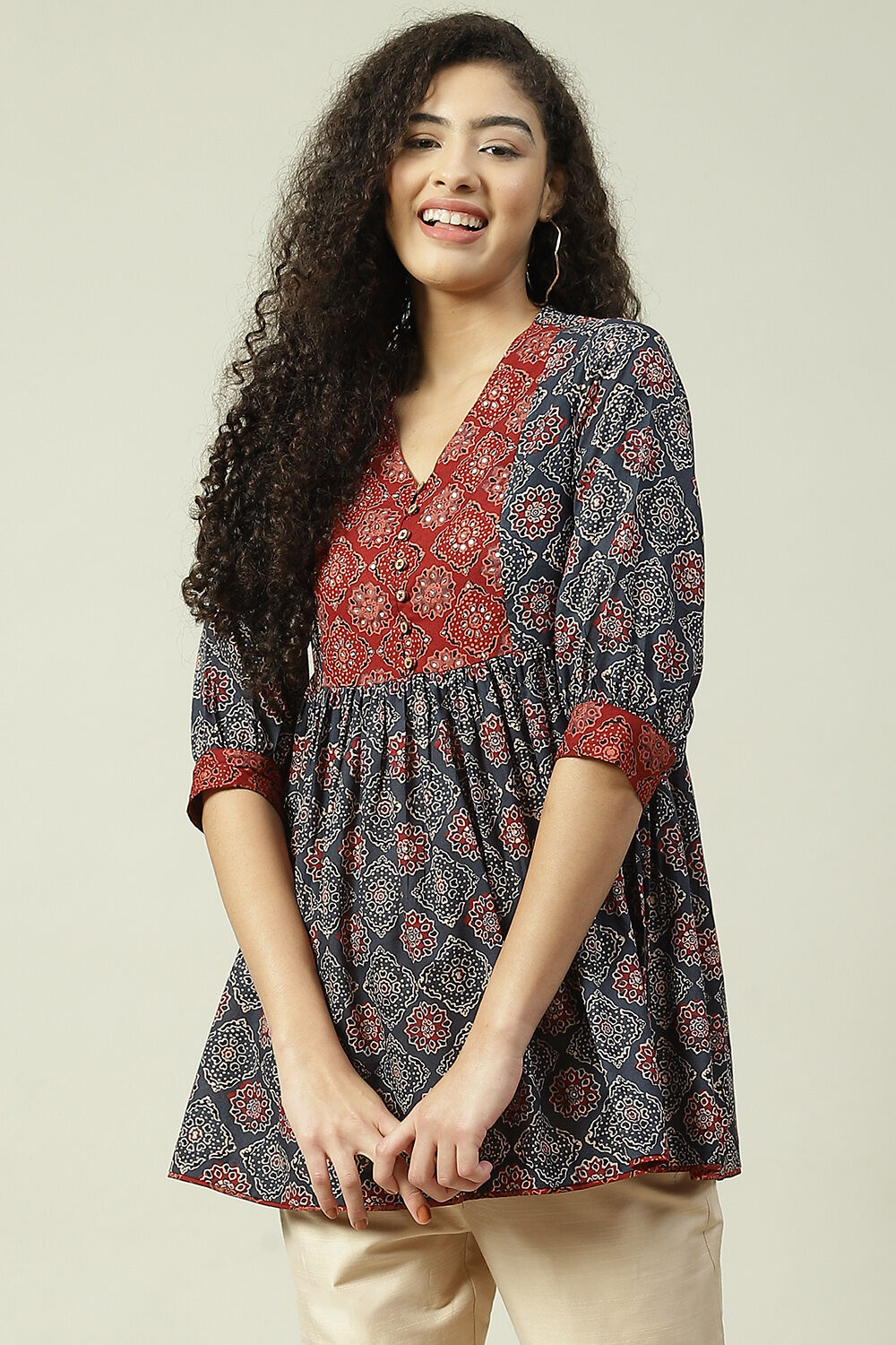 Rust Cotton Flared Printed Short Kurti image number 5