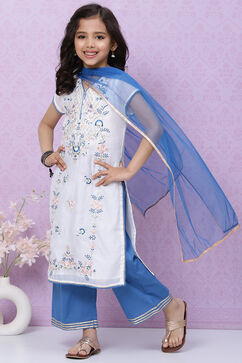 White And Blue Art Silk Straight Straight Kurta Palazzo Suit Set image number 5