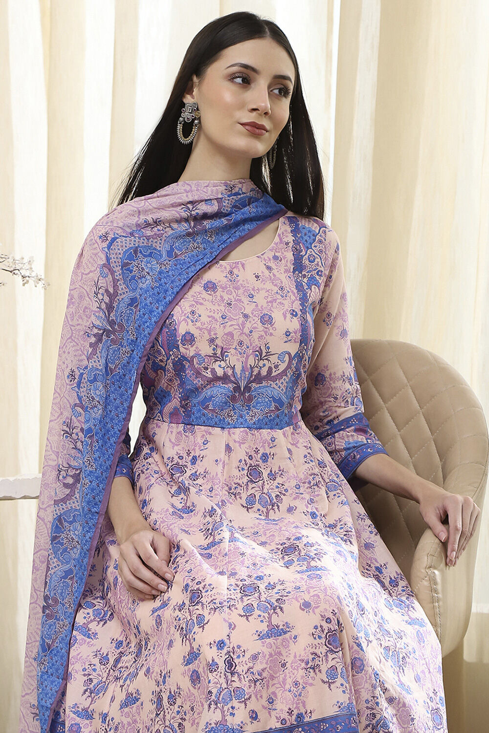 Blue Cotton Printed Anarkali Suit Set image number 0