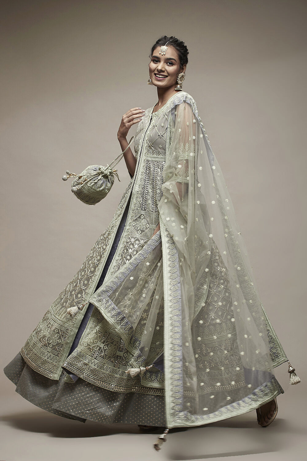 Buy Mint Nylon Anarkali Lehenga Set Kurta Lehenga Dupatta