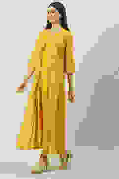 Mustard Art Silk Flared with Cape Dress image number 5