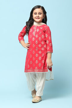 Red Cotton Straight Printed Kurta Patiala Salwar Suit Set image number 7