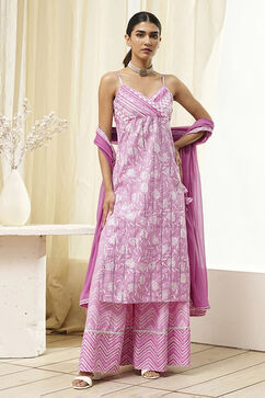 Pink Cotton Floral Strappy Straight Suit Set image number 0