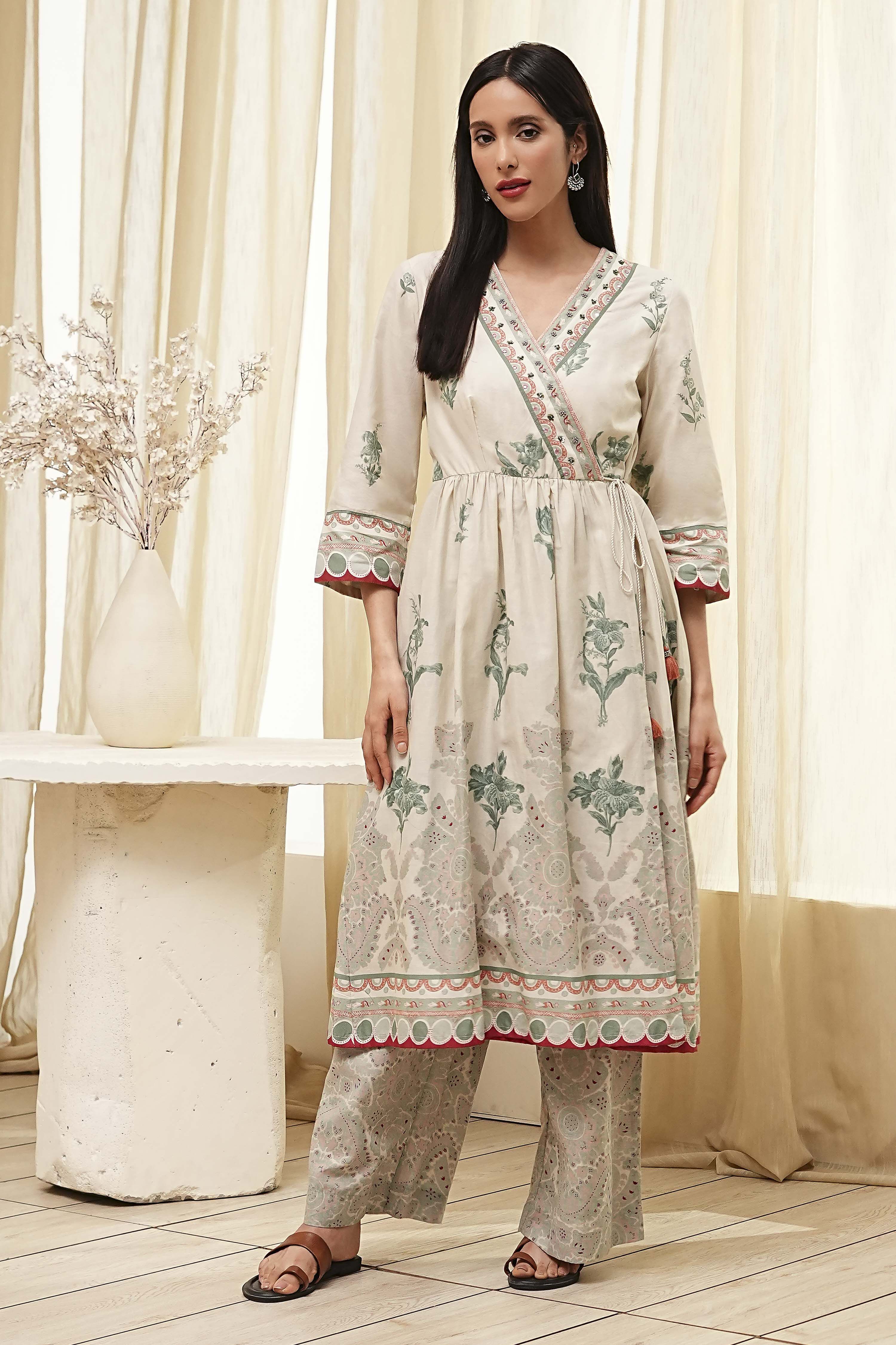 Beige and Green Cotton Angrakha Anarkali Kurta Set image number 6